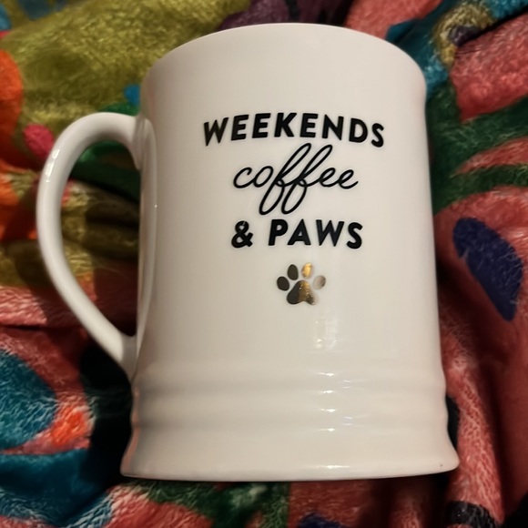 FRINGE “WEEKENDS coffee & PAWS” mug white with black letters & gold paw dog cat - Picture 2 of 5